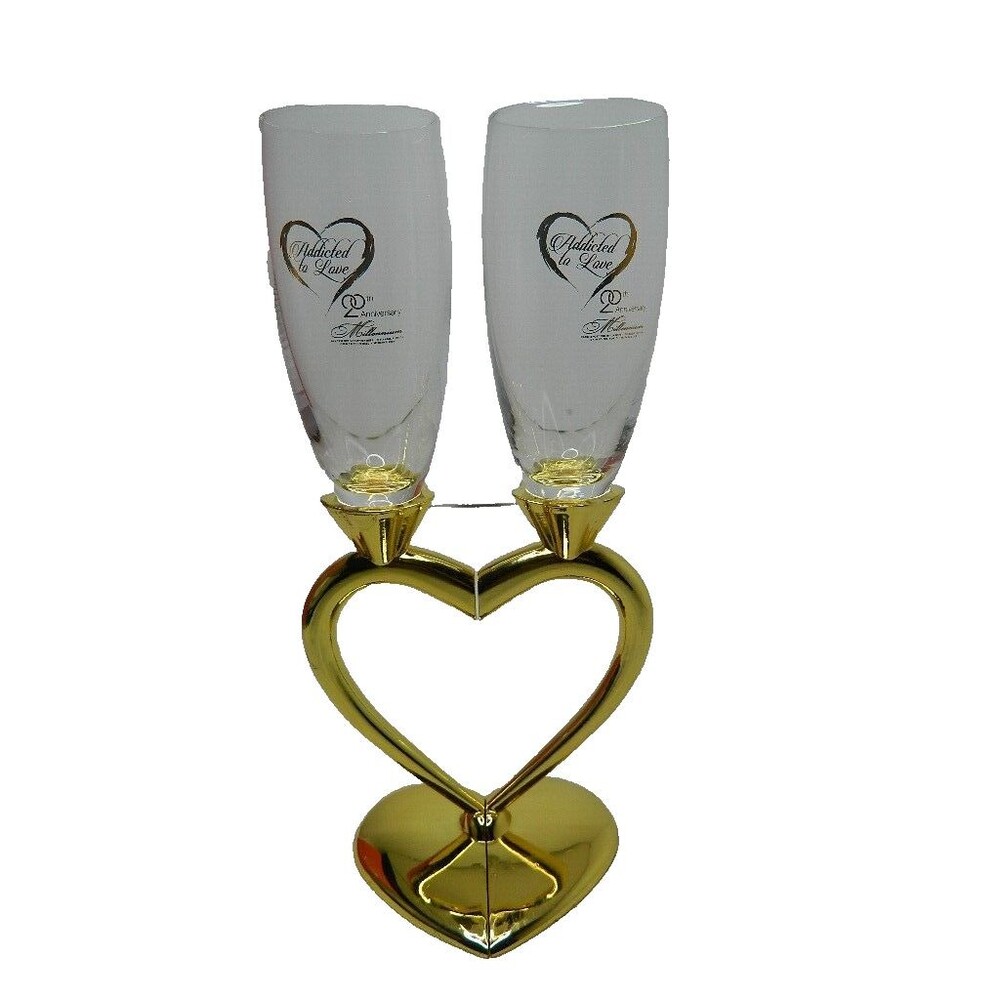 Addicted To Love 20th Anniversary Champagne Glasses with Gold Heart Shaped Stems